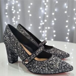 Pic&Pay | "Flora" Silver/Black glitter Pointed toe Mary Jane Heels